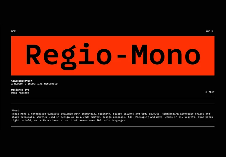 Regio Mono字体全套7字重  鲜明的几何形状和尖锐等宽字体 by Degarism Studio